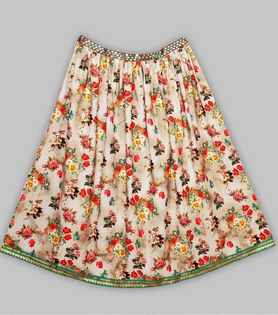 Girls Beige Cotton Printed Lehenga Choli Set 2
