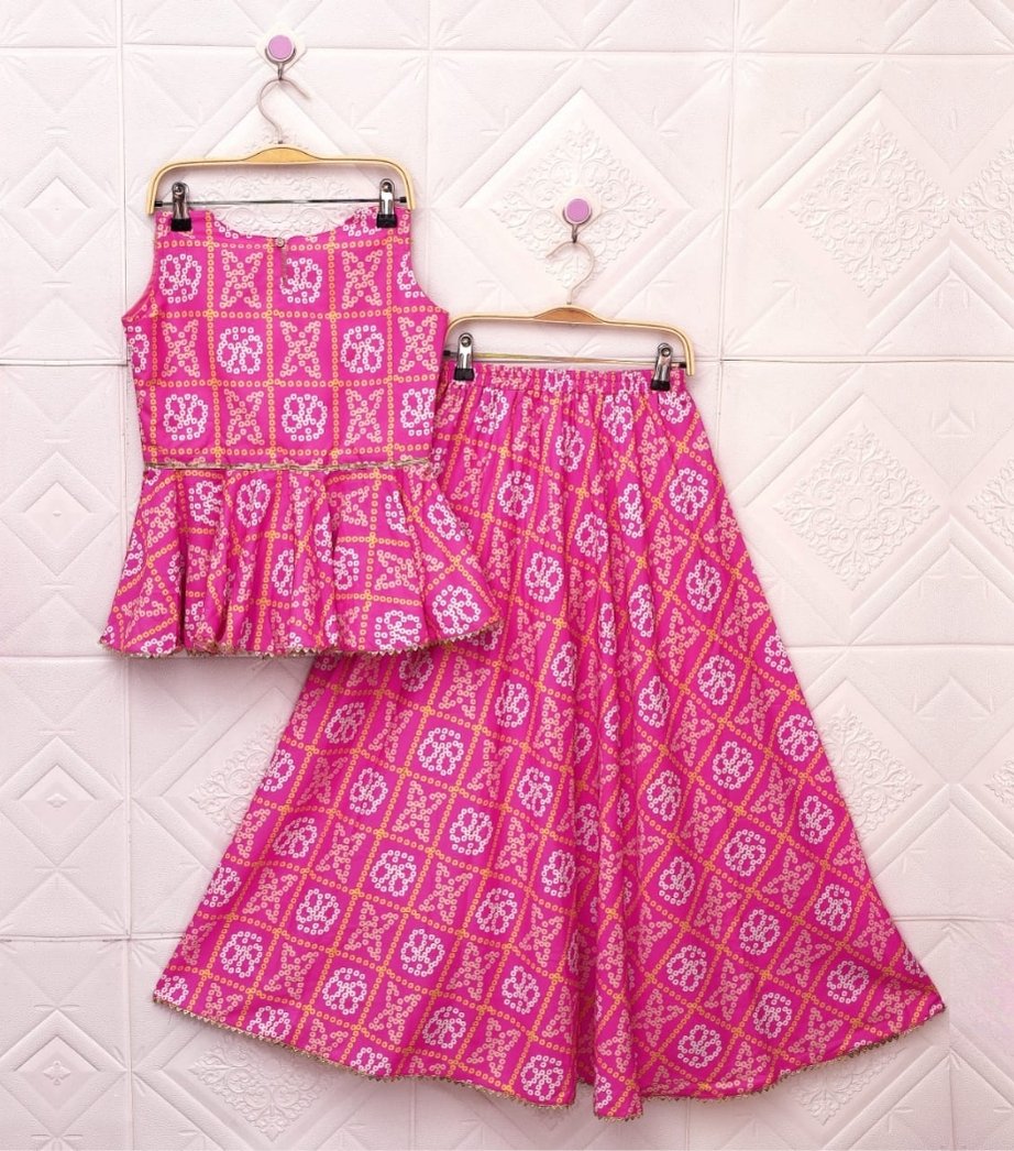 Girls Pink Printed Cotton Lehenga Choli Set 2