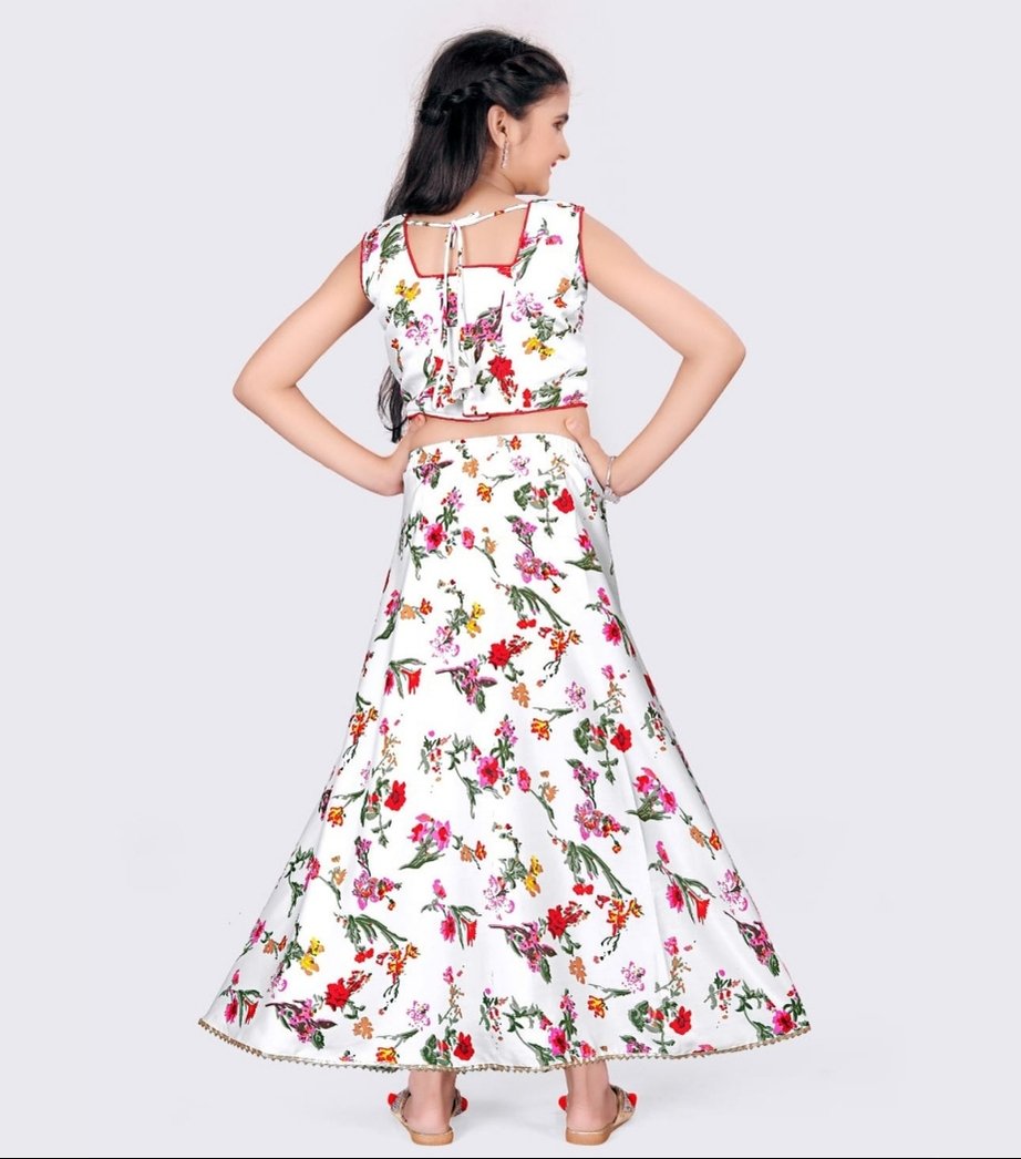Girls White Printed Cotton Lehenga Choli Set 1