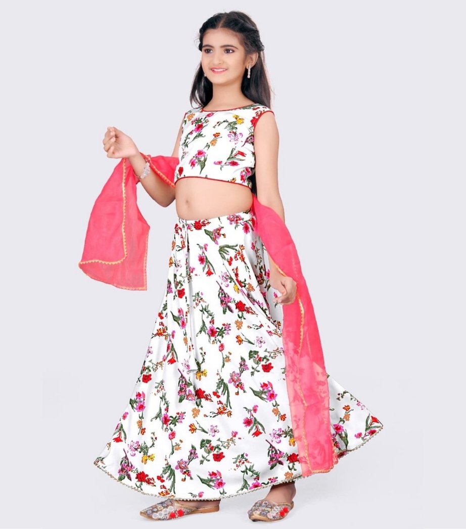 Girls White Printed Cotton Lehenga Choli Set 2