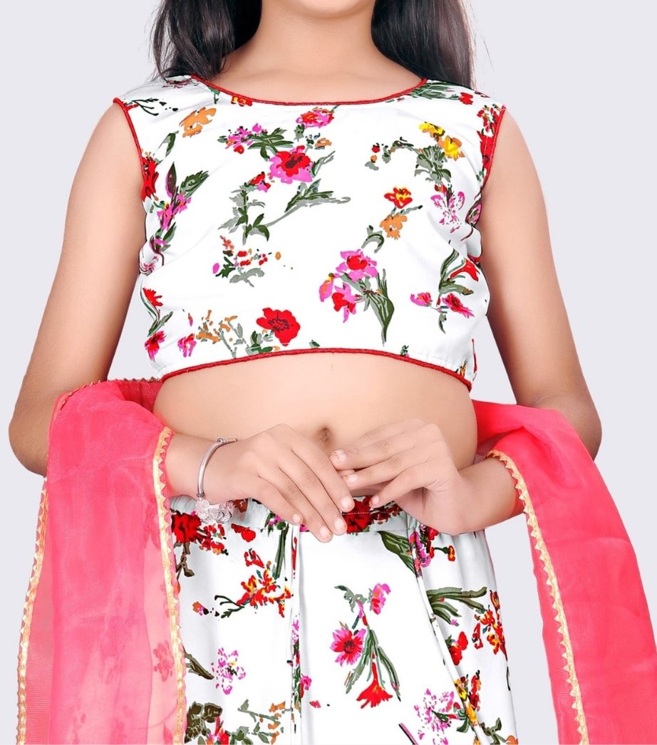 Girls White Printed Cotton Lehenga Choli Set 3