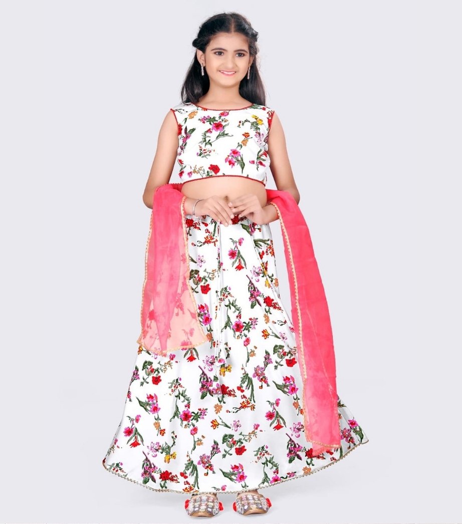 Girls White Printed Cotton Lehenga Choli Set 4
