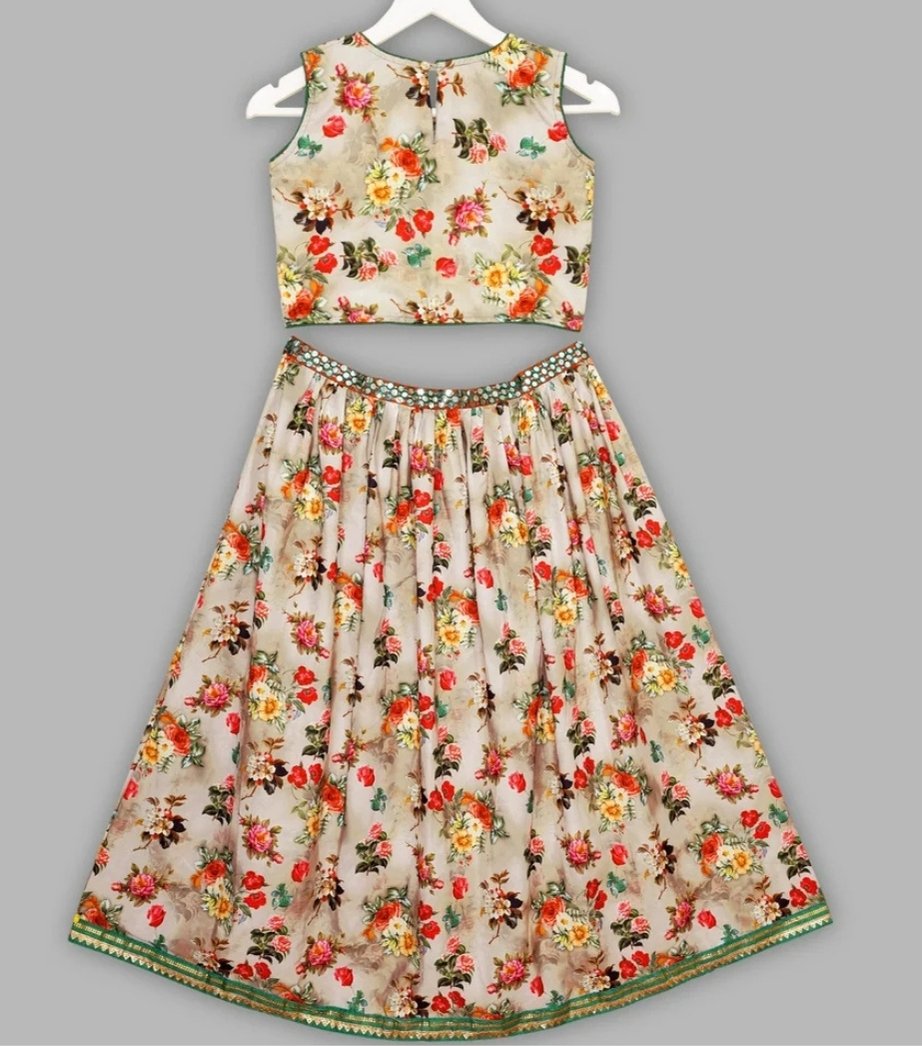 Girls Beige Cotton Printed Lehenga Choli Sets
