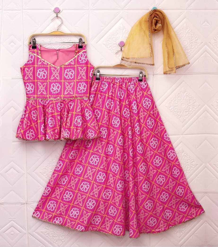 Girls Pink Printed Cotton Lehenga Choli Sets